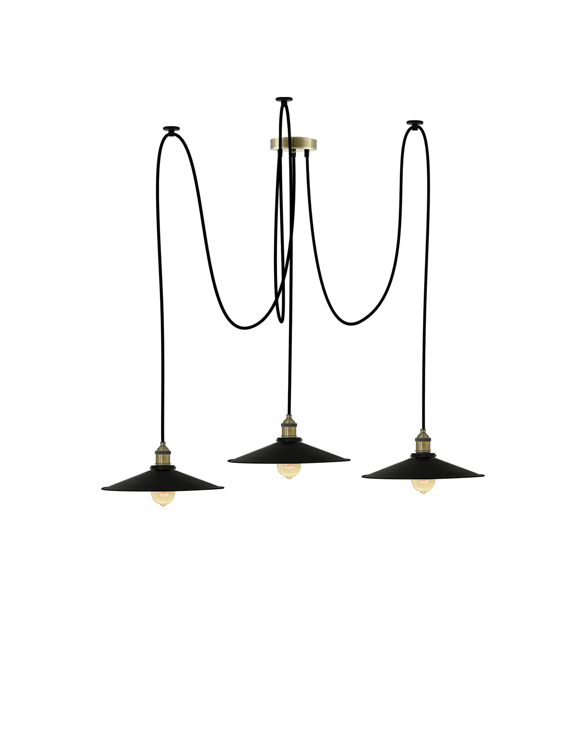 Swag Chandelier: Black and Large Black Flat Shades