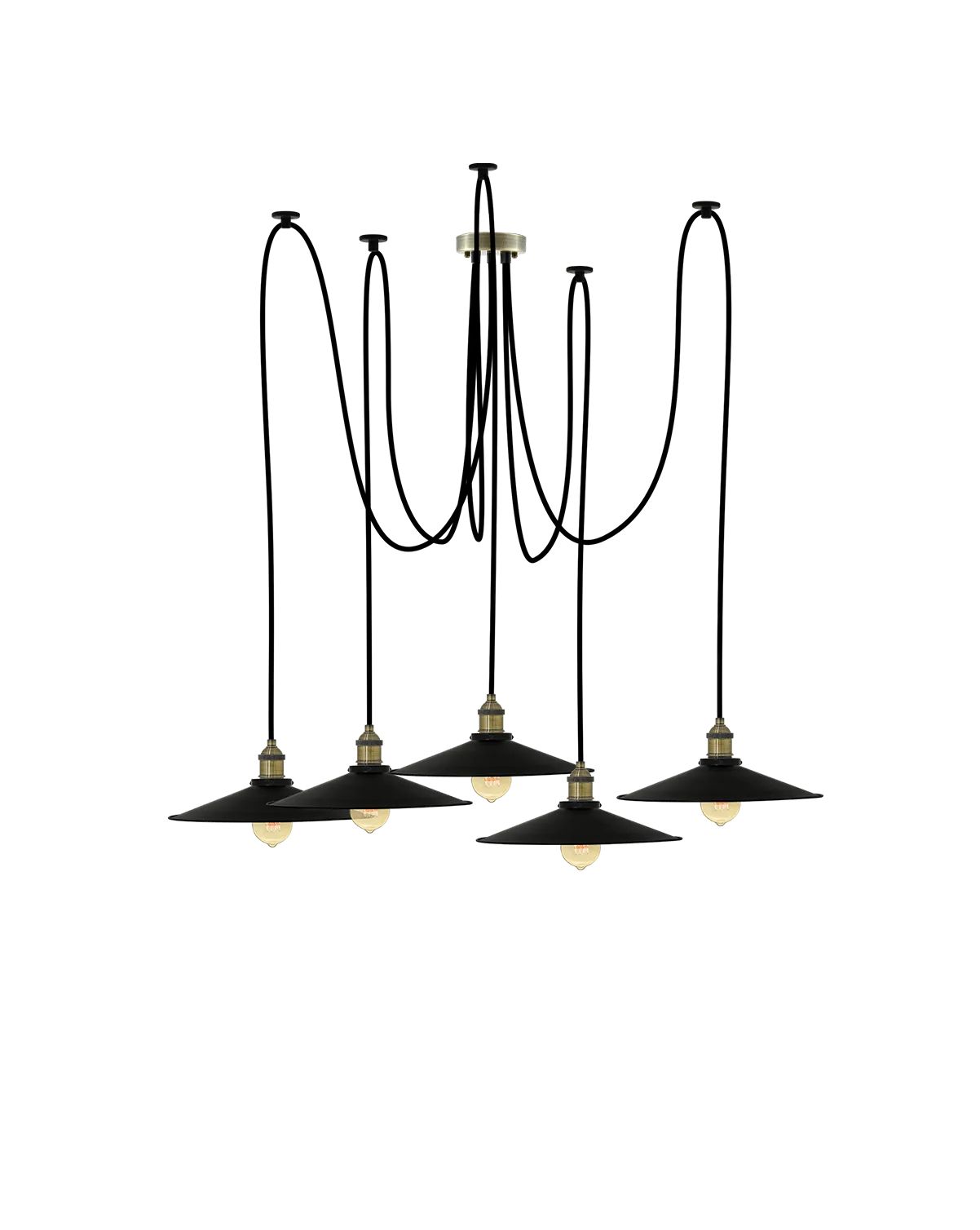 Swag Chandelier: Black and Large Black Flat Shades