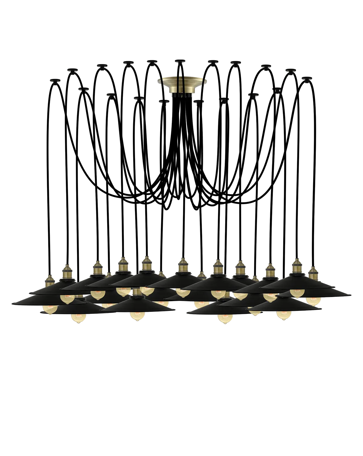 Swag Chandelier: Black and Large Black Flat Shades