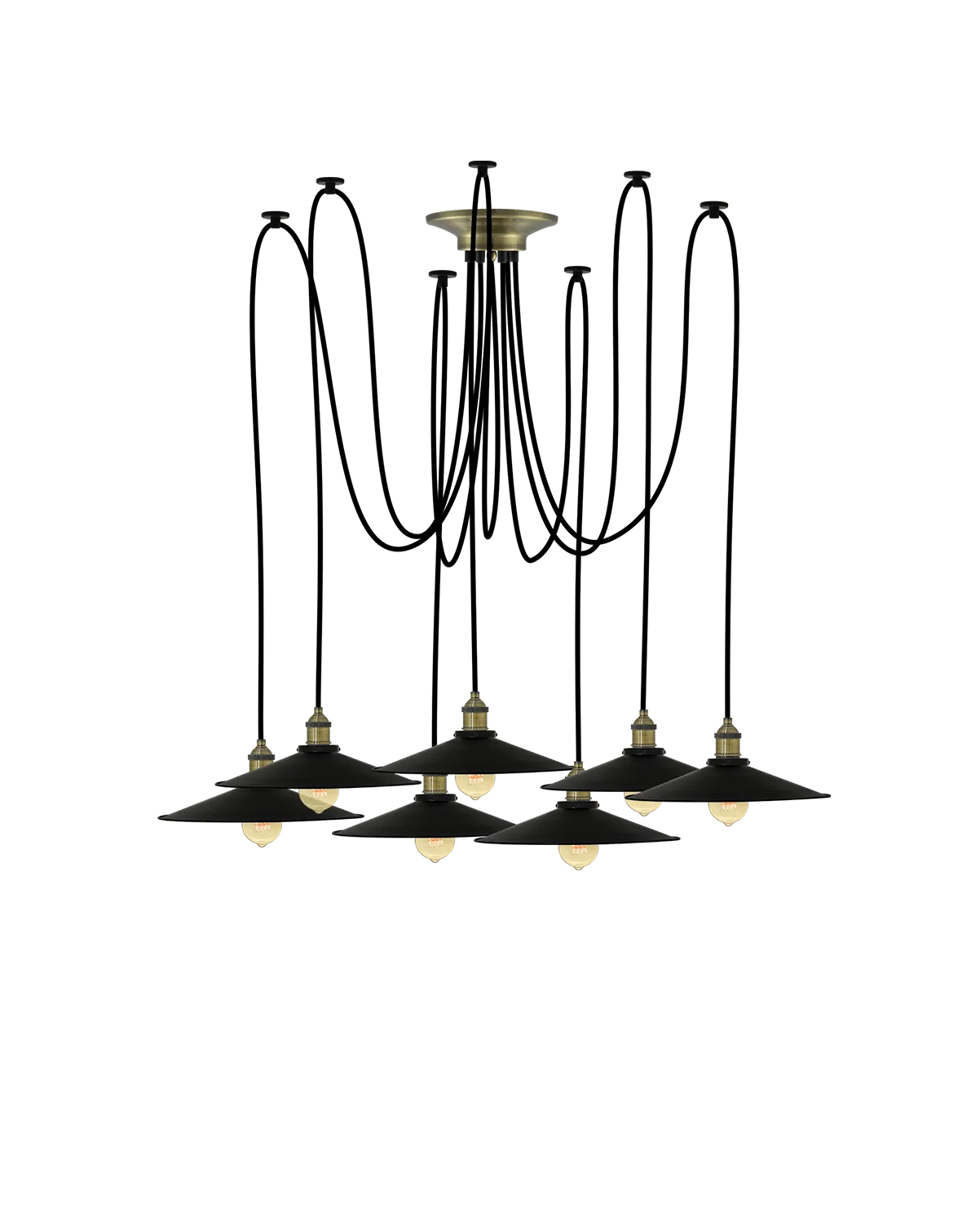 Swag Chandelier: Black and Large Black Flat Shades