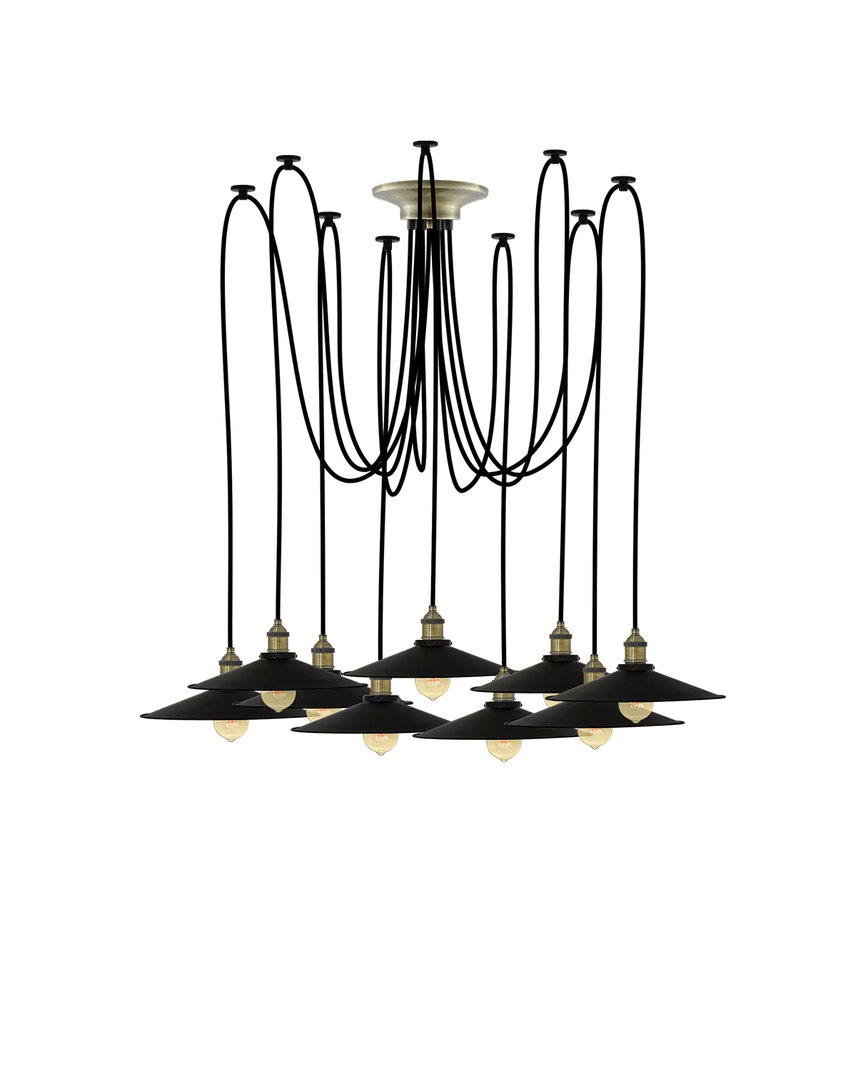 Swag Chandelier: Black and Large Black Flat Shades