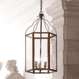 Three Light Italian Glass Lantern With Antique Brass Frame