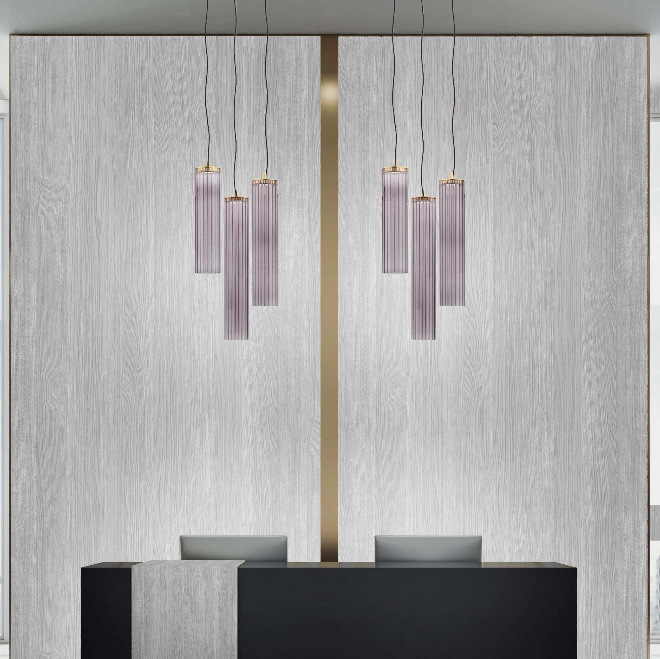 Triple Amethyst Ribbed Glass Ceiling Pendant