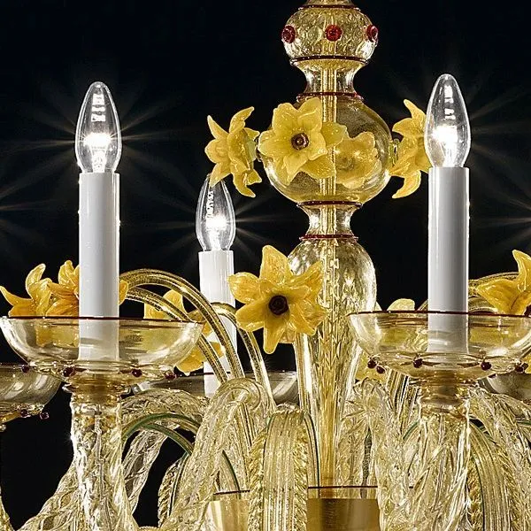 Yellow Murano Glass Chandelier With Flower Decorations