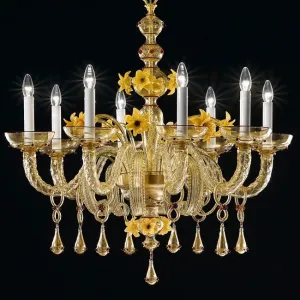 Yellow Murano Glass Chandelier With Flower Decorations